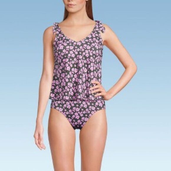 Land's End tie shoulder flutter tankini top olive green pansy floral size 14 D - Picture 1 of 7